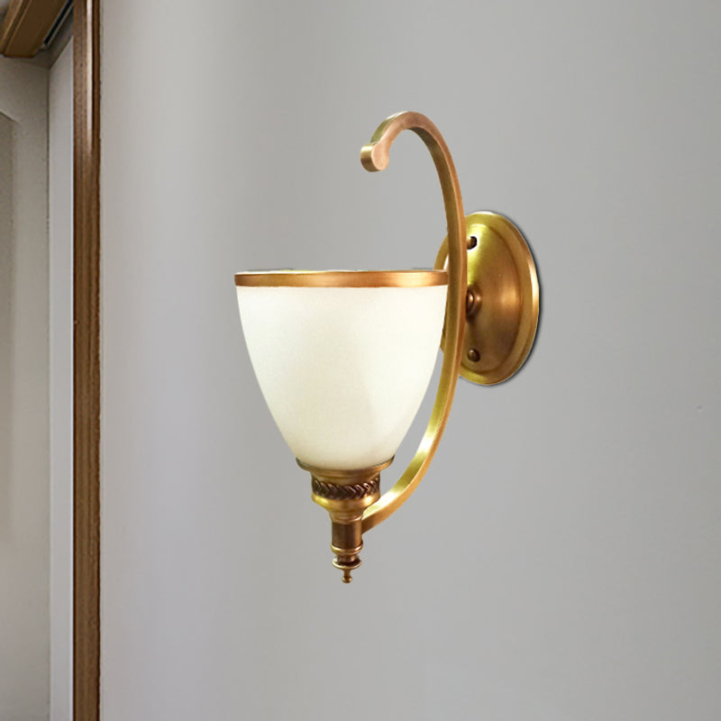Metal Curved Wall Lighting Fixture Colonial Style 1/2-Light Bedroom Gold Wall Sconce with Opal Glass Bowl Shade
