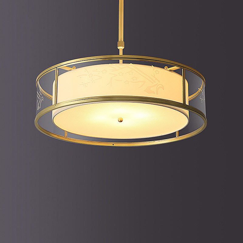 4-Light Modern Shaded Drum Chandelier Glass Ceiling Light with Textile Accent