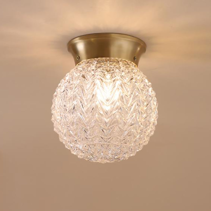 Water Glass Globe Ceiling Lighting Colonial 1 Head Bedroom Flush Mount Light Fixture in Brass