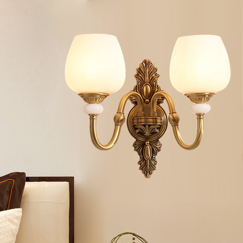 Metal Brass Wall Sconce Fixture Gooseneck 1/2-Light Vintage Stylish Wall Lamp with White Glass Bowl Shade