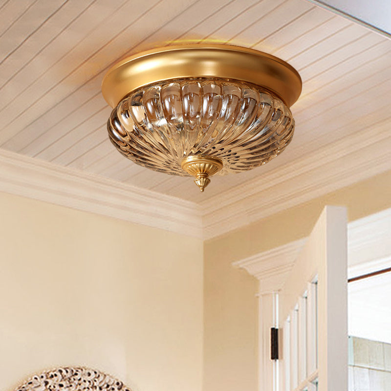 Brass 2 Heads Flush Mount Lamp Colonialism Prismatic Glass Dome Ceiling Fixture for Corridor, 10"/12" W