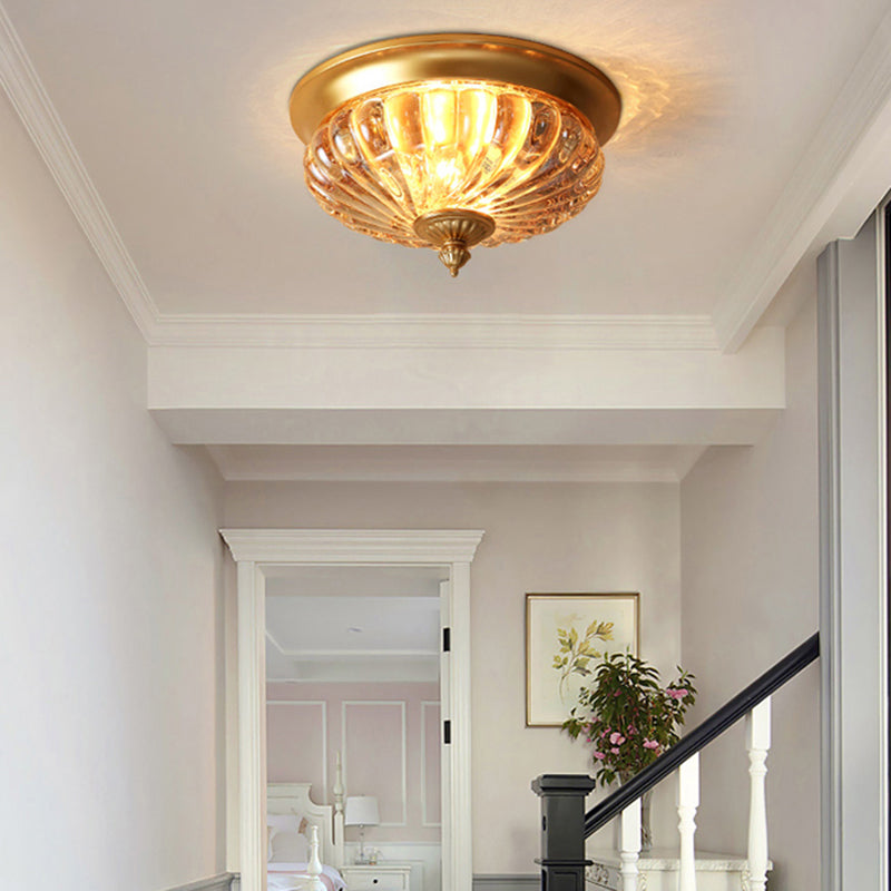 Brass 2 Heads Flush Mount Lamp Colonialism Prismatic Glass Dome Ceiling Fixture for Corridor, 10"/12" W