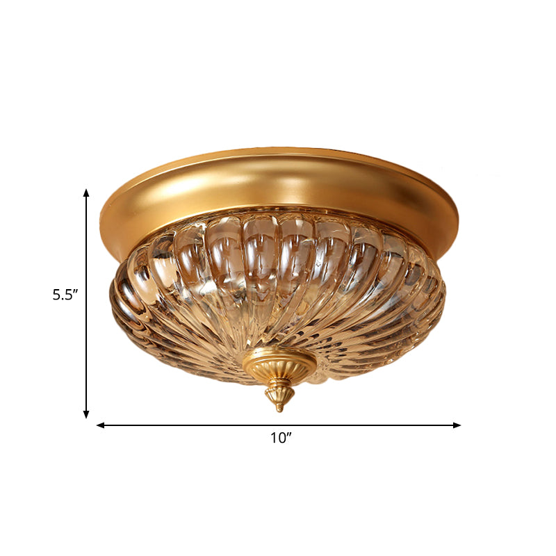 Brass 2 Heads Flush Mount Lamp Colonialism Prismatic Glass Dome Ceiling Fixture for Corridor, 10"/12" W