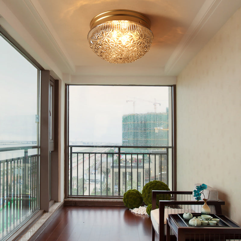 2 Bulbs Bowl Ceiling Mount Colonial Gold Clear Ribbed Glass Flush Light Fixture for Bedroom