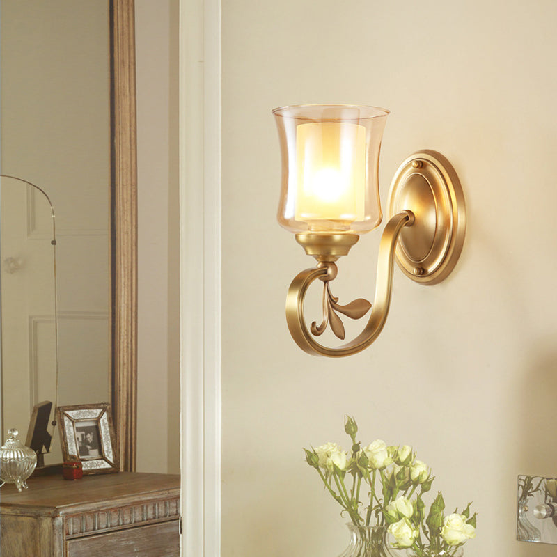 Amber Glass Bell Wall Mounted Lamp Vintage 1/2-Bulb Foyer Brass Finish Sconce Lighting with Inner Cylinder Shade