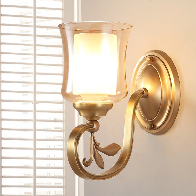 Amber Glass Bell Wall Mounted Lamp Vintage 1/2-Bulb Foyer Brass Finish Sconce Lighting with Inner Cylinder Shade