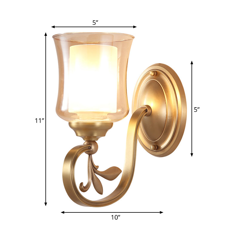 Amber Glass Bell Wall Mounted Lamp Vintage 1/2-Bulb Foyer Brass Finish Sconce Lighting with Inner Cylinder Shade