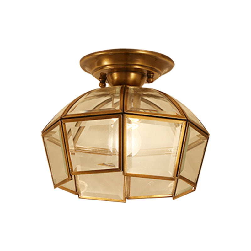 Colonialist Beveled Ceiling Mounted Light 1 Bulb Clear Glass Flush Mount Light Fixture in Brass