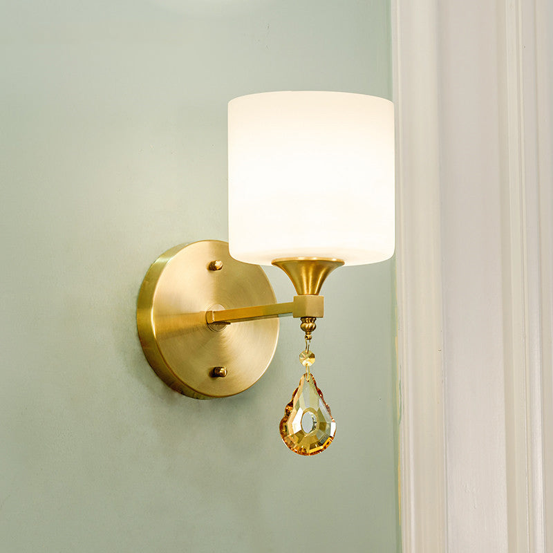Drum Shade Hallway Wall Sconce Modern Style Milk Glass 1/2-Bulb Brass Finish Wall Lamp with Amber Crystal Draping