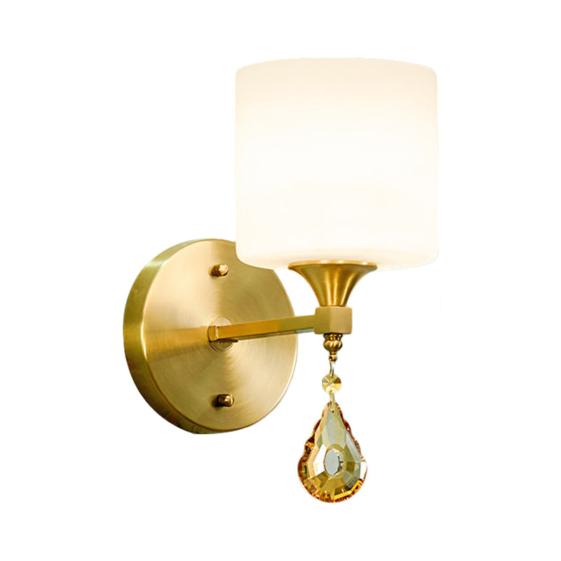 Drum Shade Hallway Wall Sconce Modern Style Milk Glass 1/2-Bulb Brass Finish Wall Lamp with Amber Crystal Draping