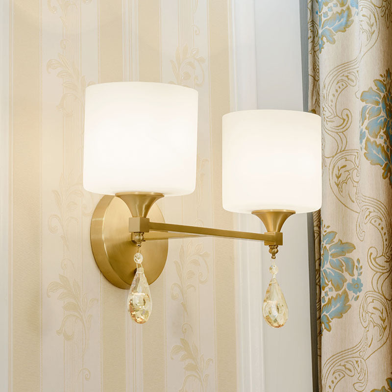Drum Shade Hallway Wall Sconce Modern Style Milk Glass 1/2-Bulb Brass Finish Wall Lamp with Amber Crystal Draping