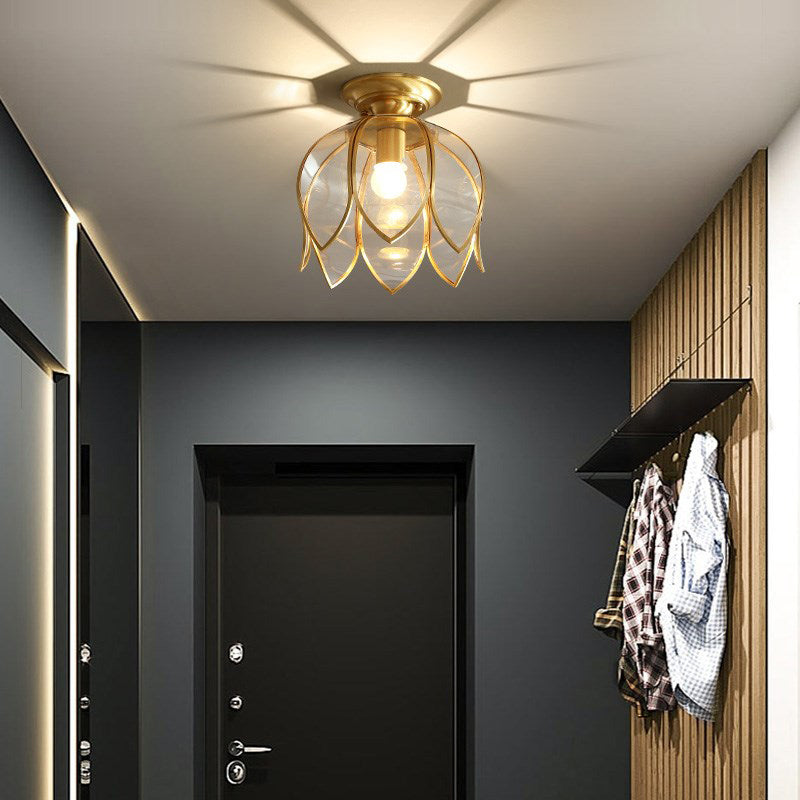 1 Bulb Lotus Ceiling Mount Colonial Brass Clear Glass Flush Light Fixture for Corridor