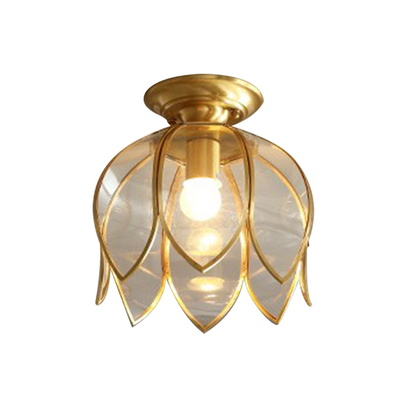 1 Bulb Lotus Ceiling Mount Colonial Brass Clear Glass Flush Light Fixture for Corridor