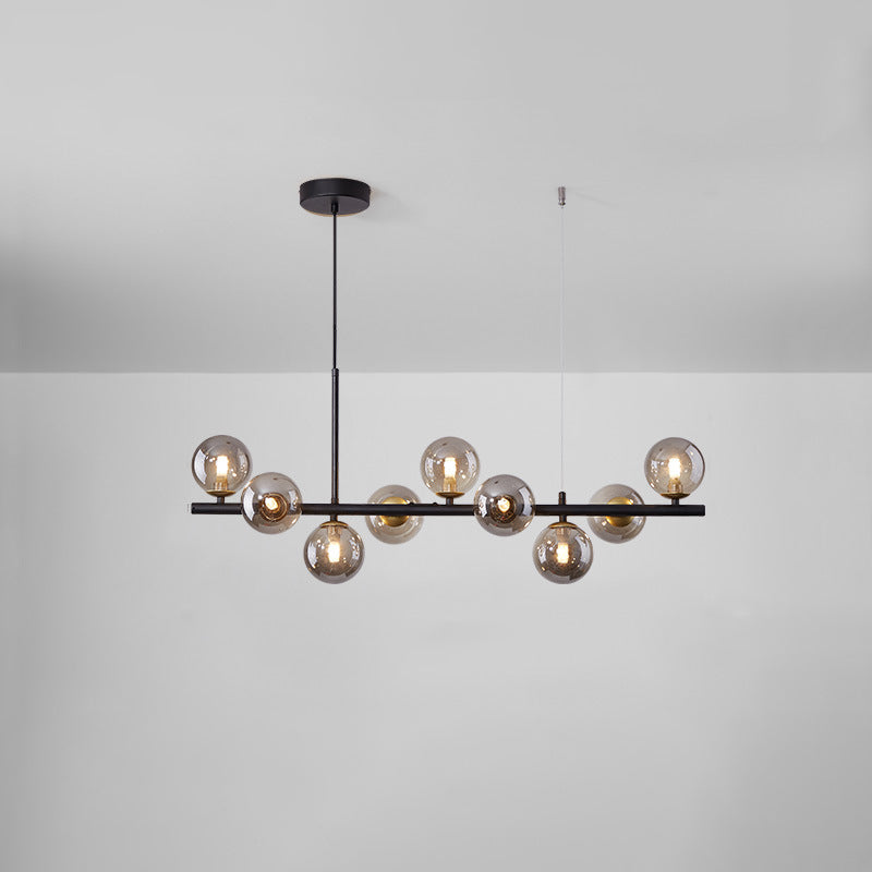 Scandinavian Brass 9-Light  Kitchen Island Light Linear Chandelier with Frosted Glass Shades