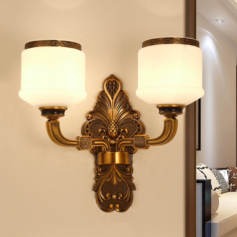 1/2-Light Wall Mount Lighting Vintage Style Drum Shade White Glass Wall Sconce Lamp in Brass