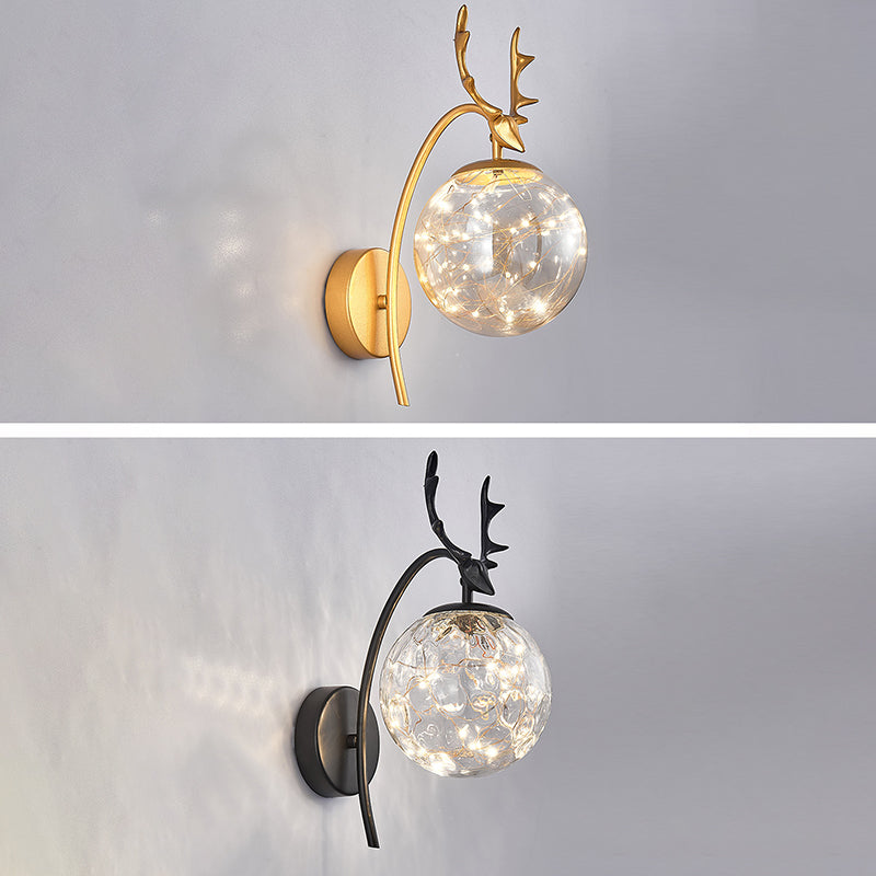 Spherical Wall Sconce with Antlers Nordic Luxury Style Glass Sconces for Living Room Bedroom