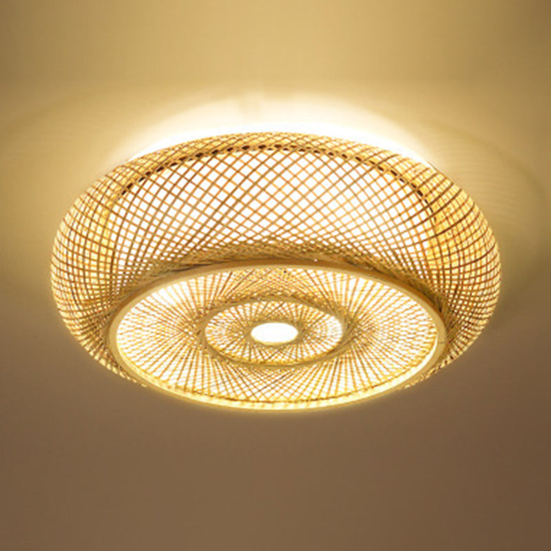 Modern Flush Mount Ceiling Light Beige Drum Close to Ceiling Fixture with Bamboo Shade