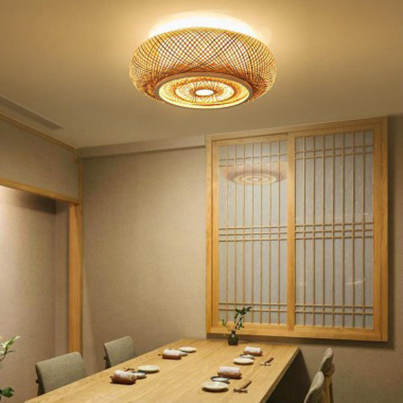 Modern Flush Mount Ceiling Light Beige Drum Close to Ceiling Fixture with Bamboo Shade