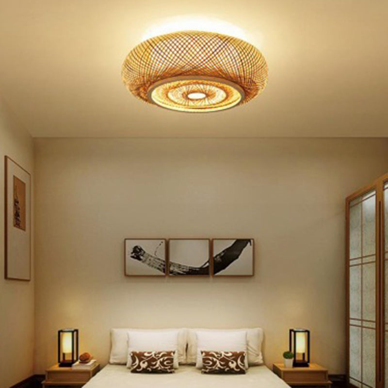 Modern Flush Mount Ceiling Light Beige Drum Close to Ceiling Fixture with Bamboo Shade