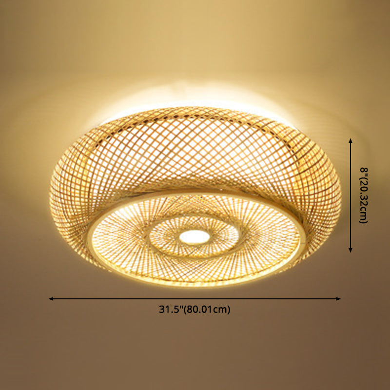 Modern Flush Mount Ceiling Light Beige Drum Close to Ceiling Fixture with Bamboo Shade