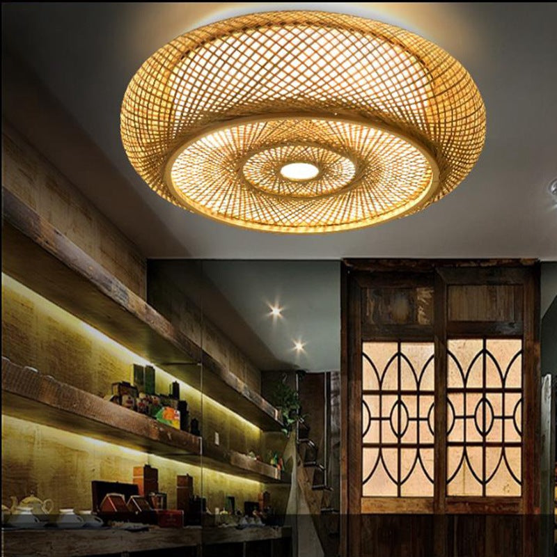 Modern Flush Mount Ceiling Light Beige Drum Close to Ceiling Fixture with Bamboo Shade