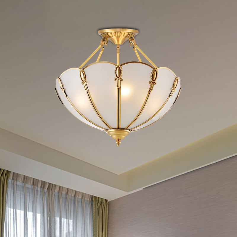 3/4 Bulbs Scalloped Ceiling Flush Mount Colonial Brass Satin Opal Glass Semi Mount Lighting for Living Room, 13"/17" W