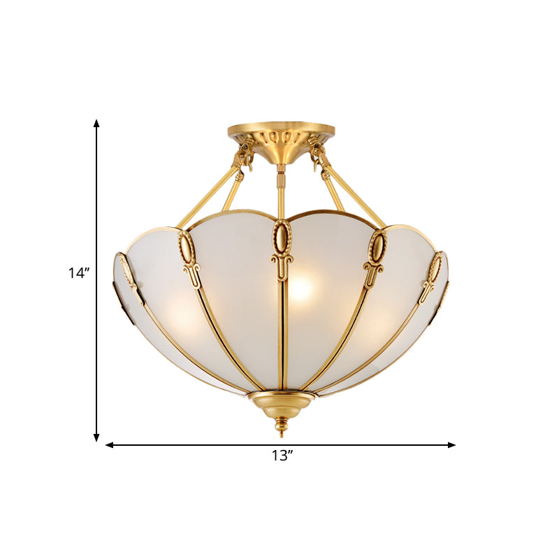 3/4 Bulbs Scalloped Ceiling Flush Mount Colonial Brass Satin Opal Glass Semi Mount Lighting for Living Room, 13"/17" W