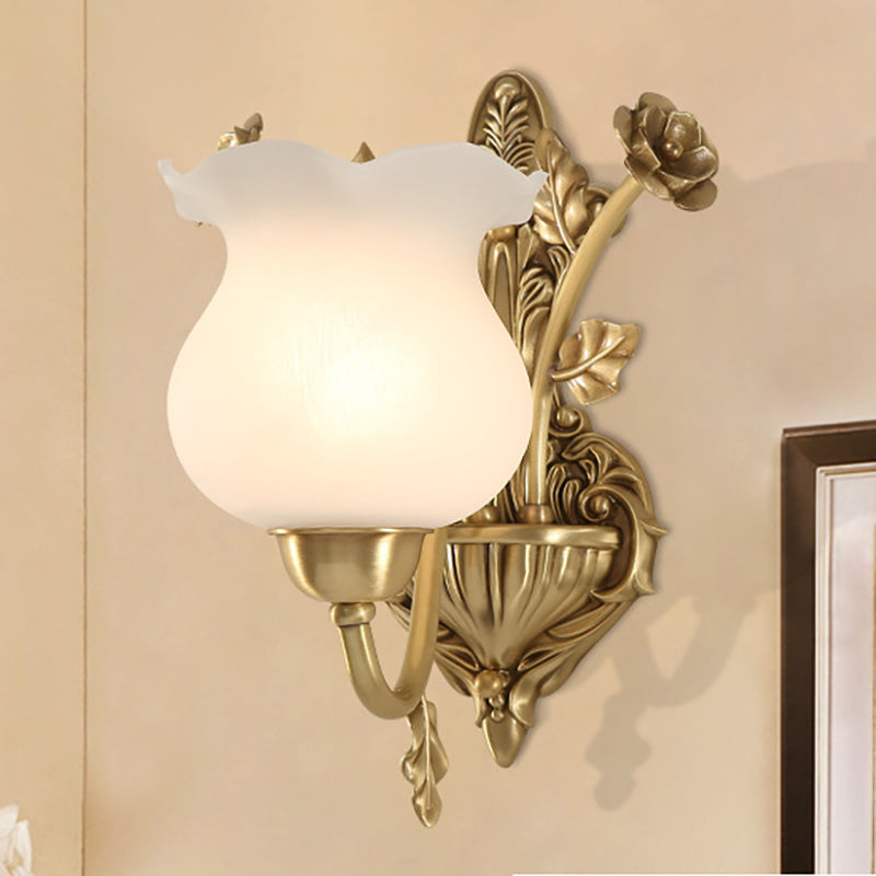 1/2 Bulbs Living Room Sconce Lamp Colonialist Brass Wall Lighting Fixture with Flower Opal Glass Shade