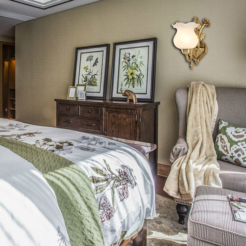 1/2 Bulbs Living Room Sconce Lamp Colonialist Brass Wall Lighting Fixture with Flower Opal Glass Shade