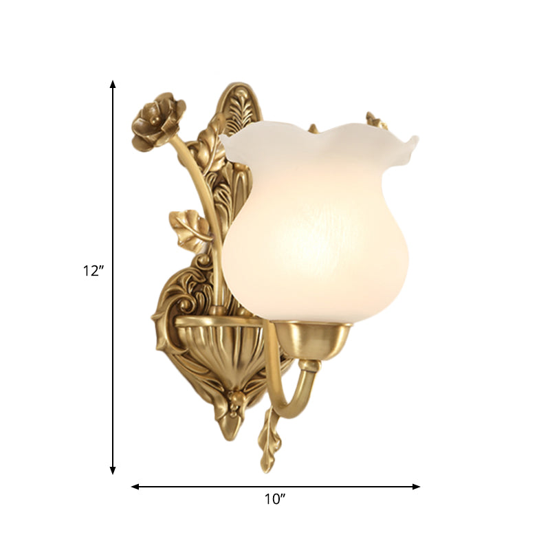 1/2 Bulbs Living Room Sconce Lamp Colonialist Brass Wall Lighting Fixture with Flower Opal Glass Shade