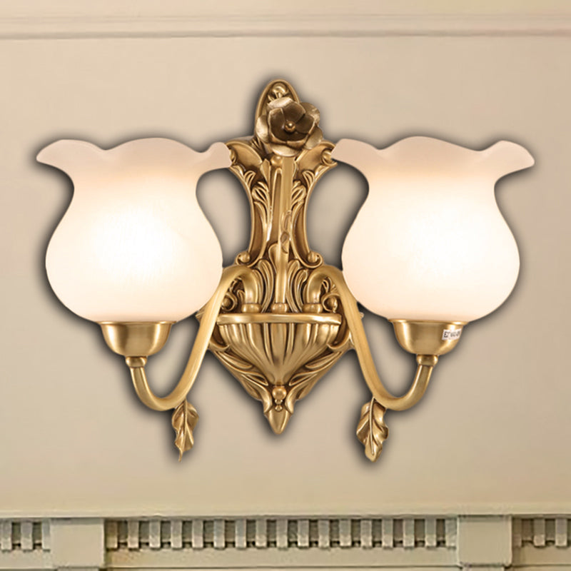 1/2 Bulbs Living Room Sconce Lamp Colonialist Brass Wall Lighting Fixture with Flower Opal Glass Shade