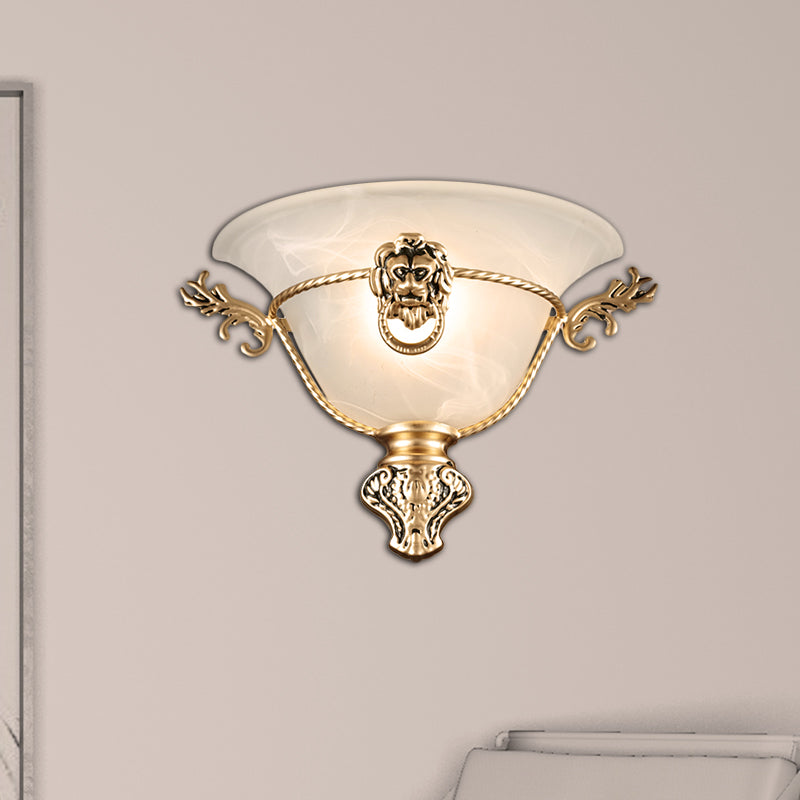 1 Bulb Trumpet Wall Lamp Colonialist Opal Glass Sconce Light Fixture with Copper/Brass Lion Metal Deco for Bedside