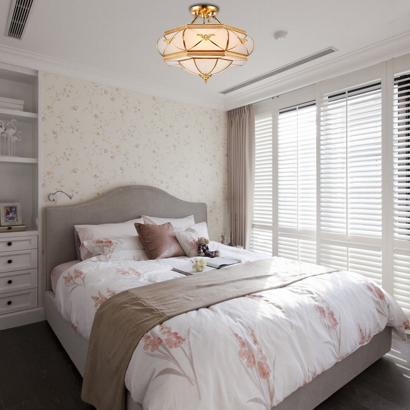 Hat Semi Flush Light Colonial Opal Glass 6 Heads Brass Ceiling Mounted Fixture for Living Room, 16"/18"/21.5" Wide