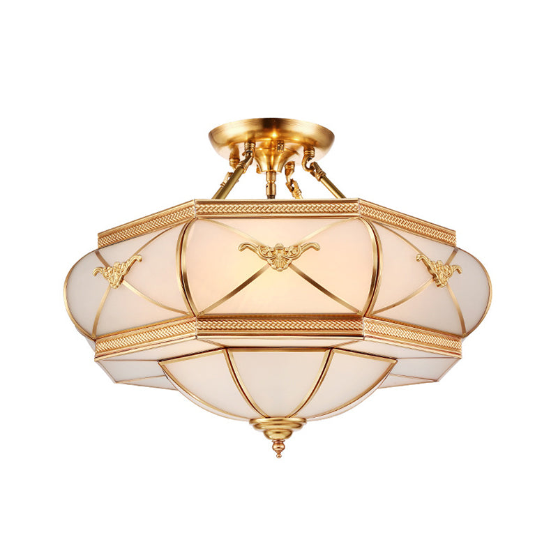 Hat Semi Flush Light Colonial Opal Glass 6 Heads Brass Ceiling Mounted Fixture for Living Room, 16"/18"/21.5" Wide