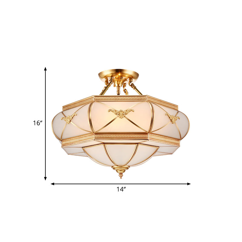Hat Semi Flush Light Colonial Opal Glass 6 Heads Brass Ceiling Mounted Fixture for Living Room, 16"/18"/21.5" Wide