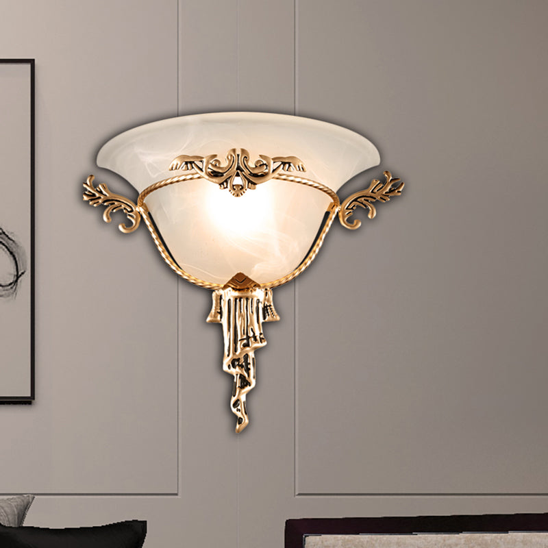 Colony Carved Sconce Metal 1 Bulb Wall Mounted Light Fixture in Copper/Brass with Flared Milky Glass Shade