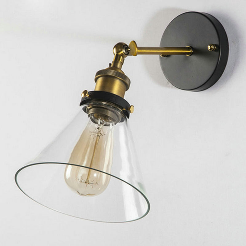 Industrial Style Conical Clear Glass Wall Sconce with Rotatable Brass Light Arm Single Light Lighting Fixture for Hallway Aisle