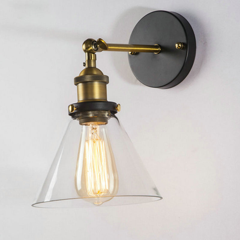 Industrial Style Conical Clear Glass Wall Sconce with Rotatable Brass Light Arm Single Light Lighting Fixture for Hallway Aisle