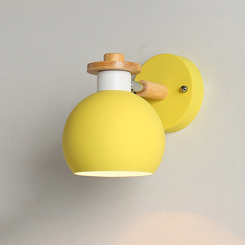 Metal Macaroon Globe Wall Lamp Single Bulb Nordic Wooden Mini Bedside Lamp with Adjustable Arm