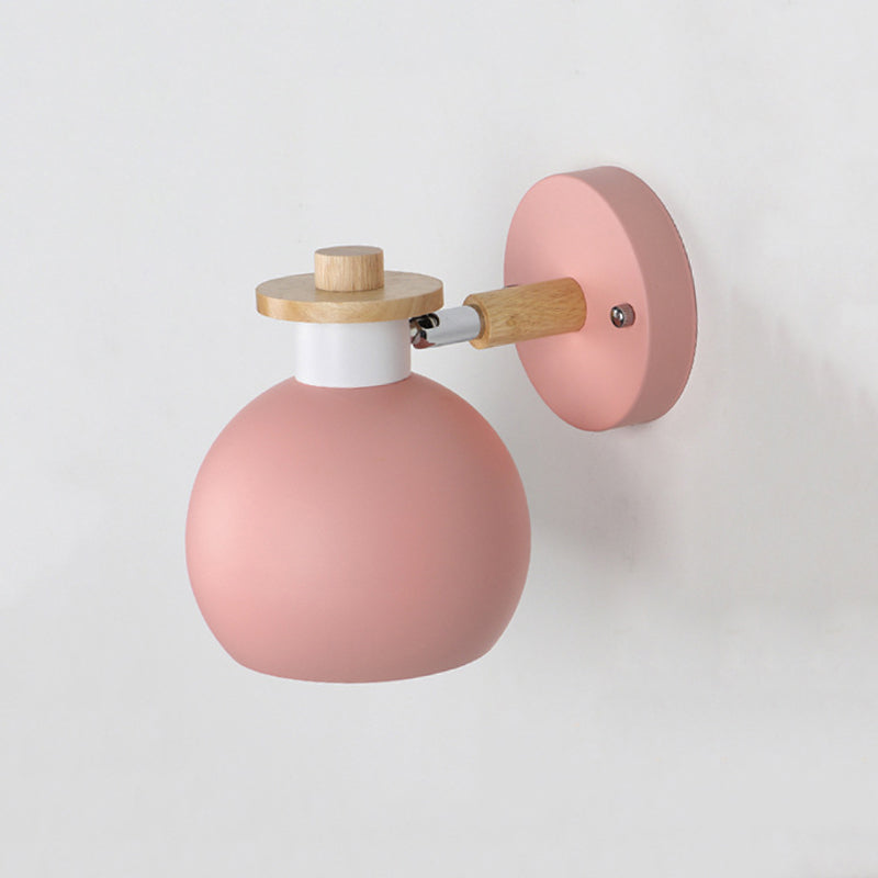Metal Macaroon Globe Wall Lamp Single Bulb Nordic Wooden Mini Bedside Lamp with Adjustable Arm