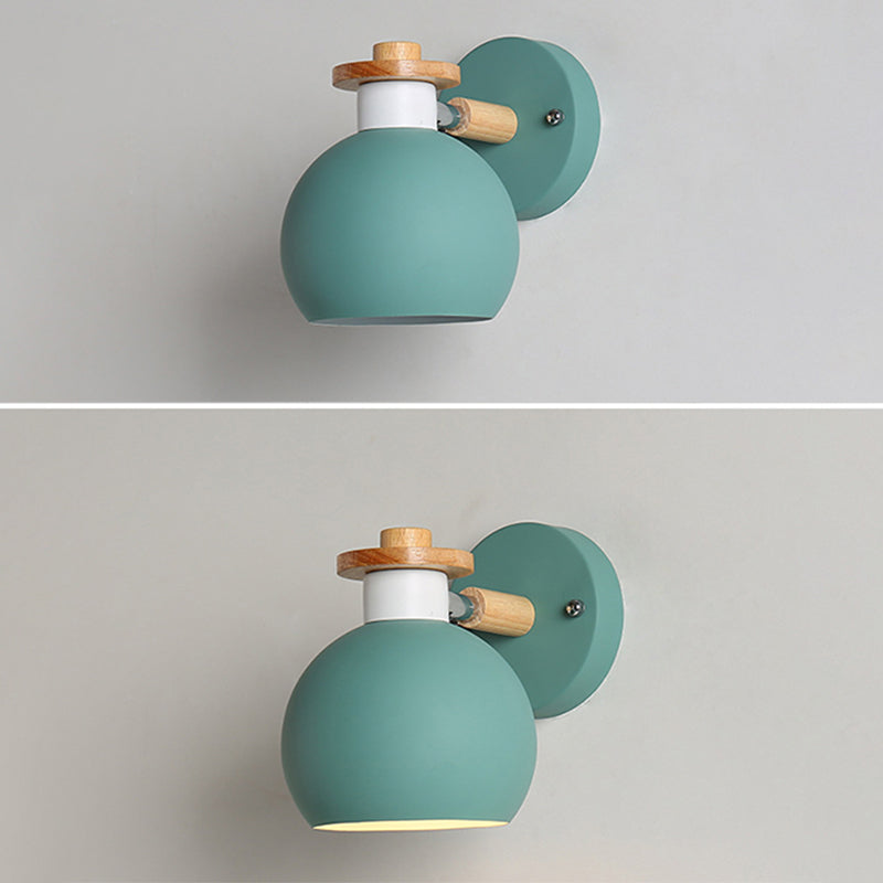 Metal Macaroon Globe Wall Lamp Single Bulb Nordic Wooden Mini Bedside Lamp with Adjustable Arm