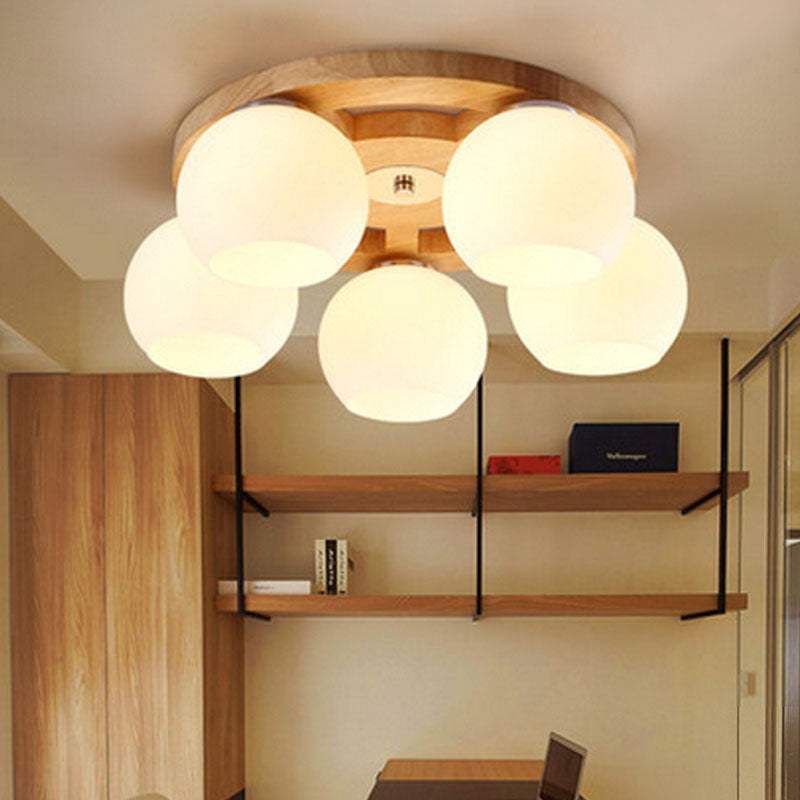 Melkachtige Glas Dome Flush Licht Eenvoud Houten Plafond Mount Verlichting voor Woonkamer