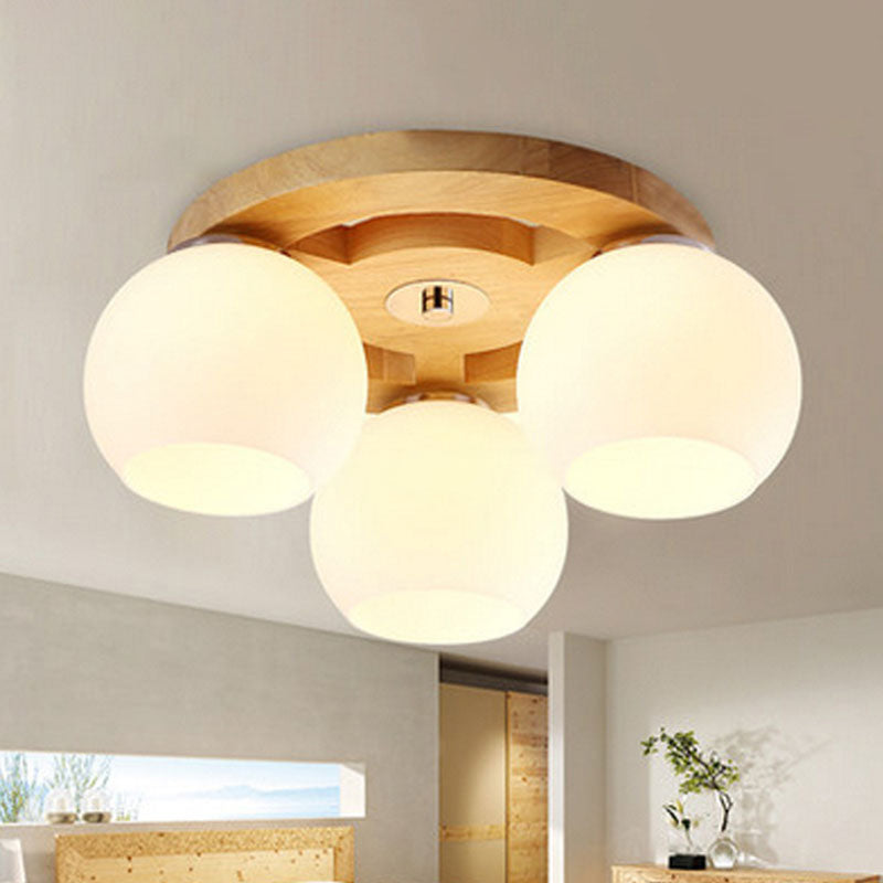 Melkachtige Glas Dome Flush Licht Eenvoud Houten Plafond Mount Verlichting voor Woonkamer