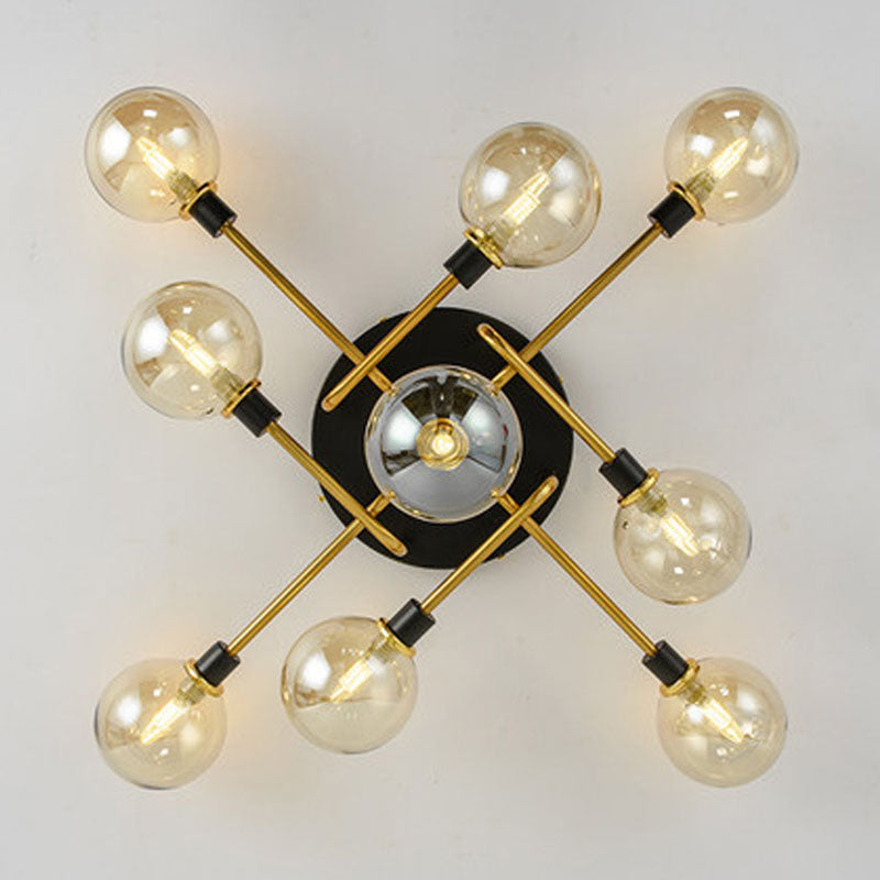 Modern Ball Shade Close to Ceiling Lamp Glass Dining Room Semi Flush Chandelier in Black-Gold