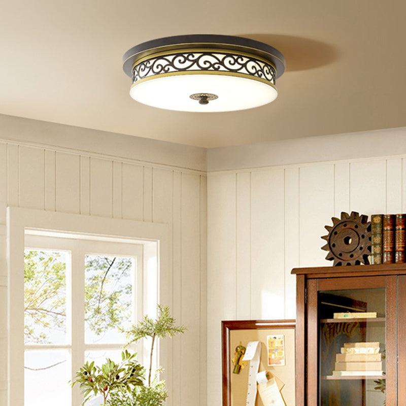 Drum Shaped LED Ceiling Lamp Traditional White Glass Flush Mount Lighting for Dining Room