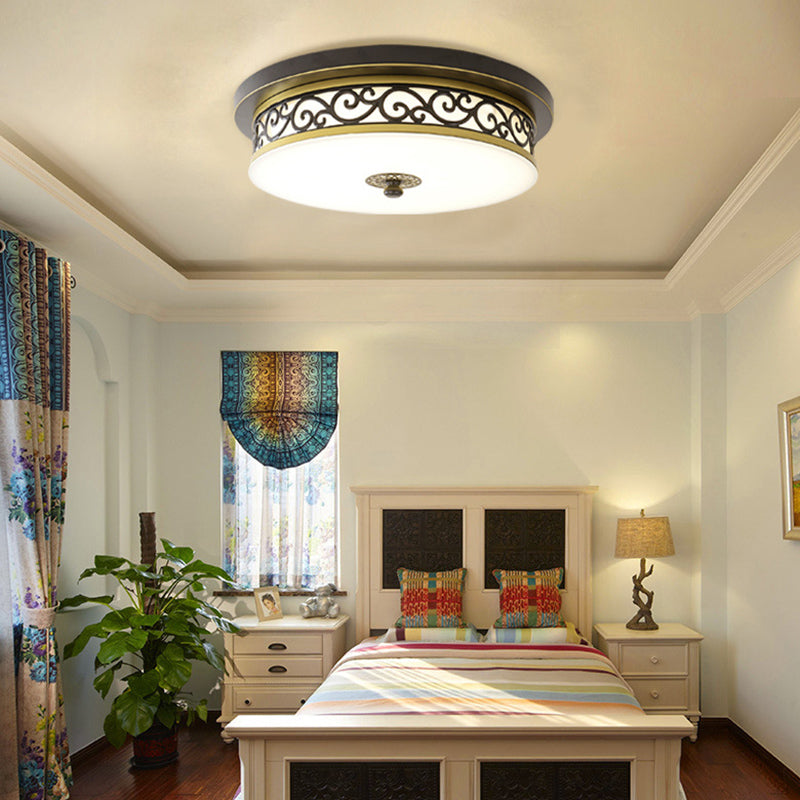 Drum Shaped LED Ceiling Lamp Traditional White Glass Flush Mount Lighting for Dining Room
