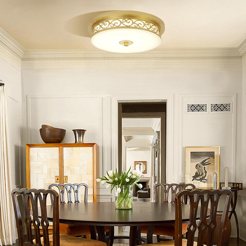 Drum Shaped LED Ceiling Lamp Traditional White Glass Flush Mount Lighting for Dining Room