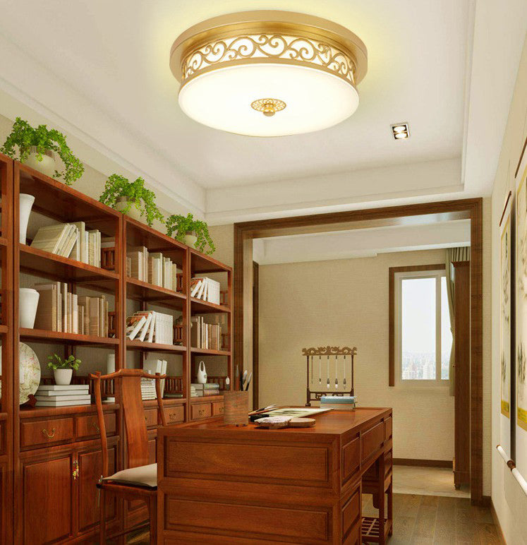 Drum Shaped LED Ceiling Lamp Traditional White Glass Flush Mount Lighting for Dining Room