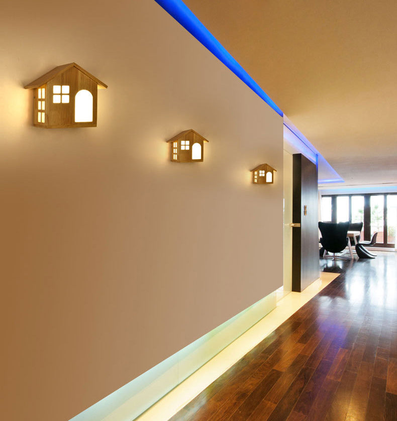 House Shape Wall Mounted Lamps Modern Simplicity Wood Wall Sconce for Living Room