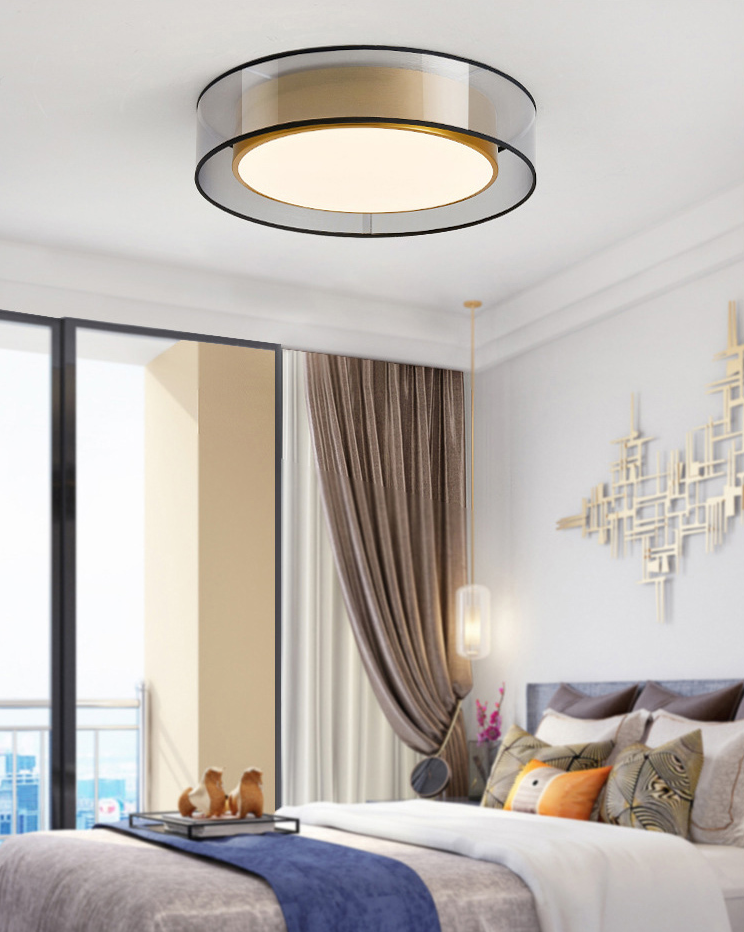 Plafonnier encastré à tambour en tissu moderne, plafonnier LED pour chambre à coucher en laiton
